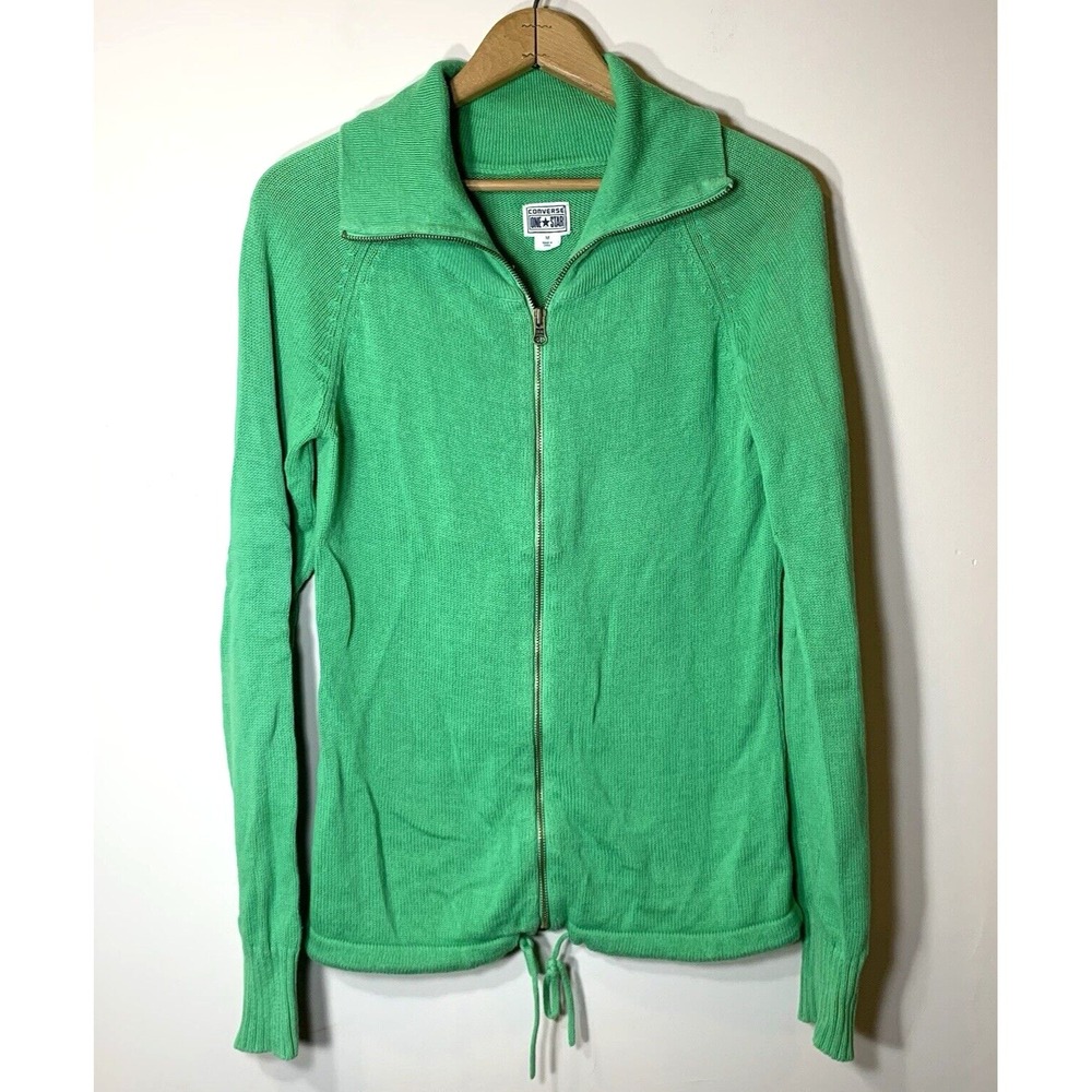 Converse Full Zip Cardigan Sweater Womens M Green‎ 100% Cotton Collar